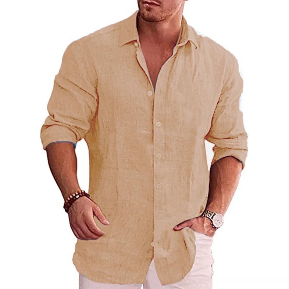 Cotton Linen Men's Long Sleeve Shirt Solid Color Casual Style Plus Size Men's Casual Linen Shirt