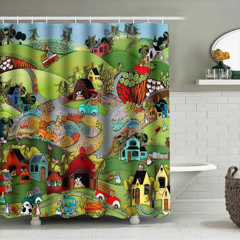 Unframed Vintage Farmhouse Shower Curtain Rustic Country Floral Bathroom Decor Farm Life Scenic Wall Hanging Backdrop