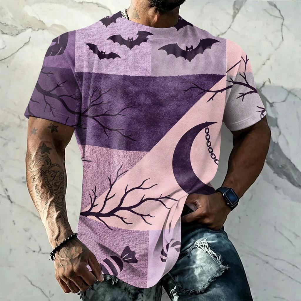 Men's Halloween Vintage Short Sleeve T Shirt Loose Fit Breathable Summer Sports Streetwear Casual Everyday Top with Spider Web Bat Moon Print