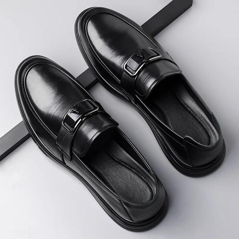British Cowhide Casual Loafers for Men Spring Autumn Soft-soled Business Men's Dress Shoes Fashion Black Leather Shoes Male