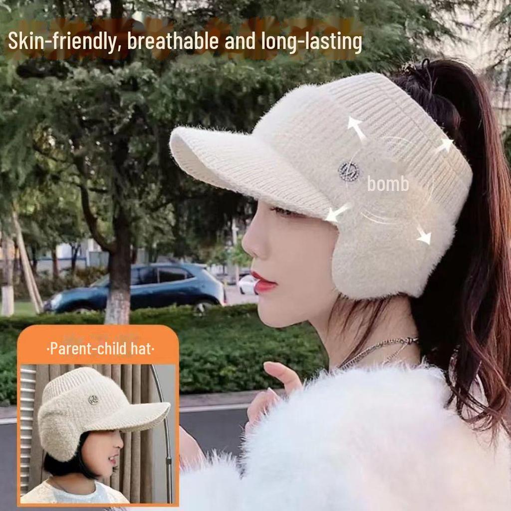 Casquette de baseball en tricot à bec de canard pour femme - Printemps, automne, hiver - Chapeau cache-oreilles chaud creux de style coréen