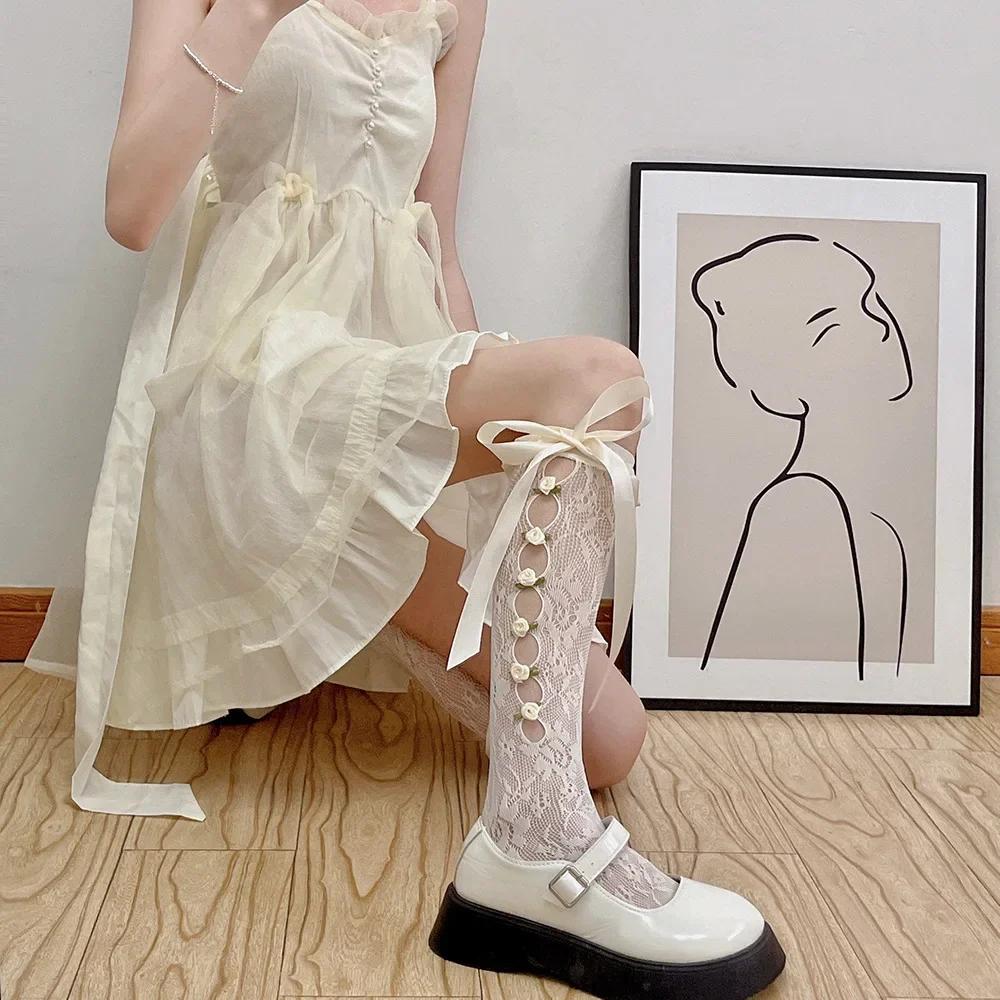 Women Sexy Lace Mesh White Black Fishnet Knee High Long Socks Lingerie Cute Gothic Style Ruffles Hollow Bow JK Lolita Stockings