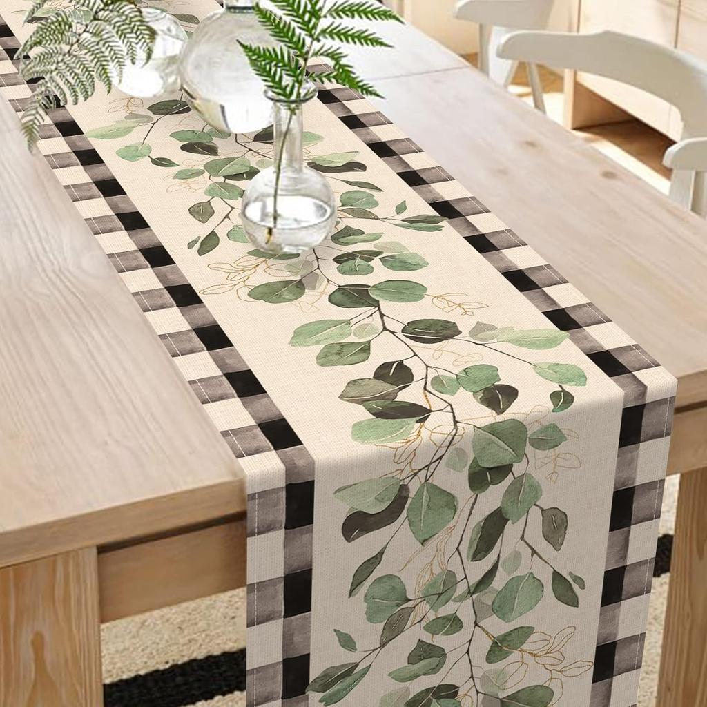 Seliem Spring Eucalyptus Leaves Greenery Table Runner, Black White Buffalo Plaid Check Kitchen Dining Table Decor, Green Plants Botanical Summer