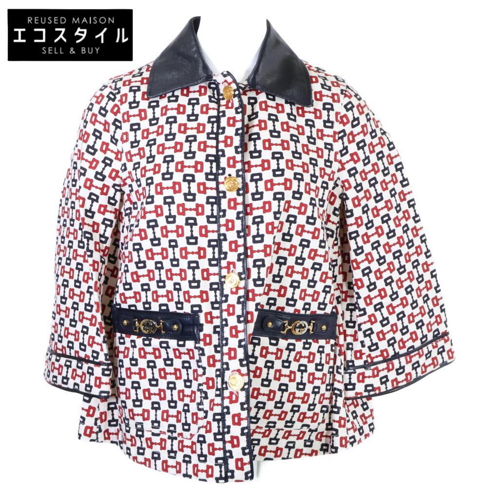 GUCCI [/Domestic regular] 609627 Horsebit print leather collar Jacket 36 White / Navy / RedUsed