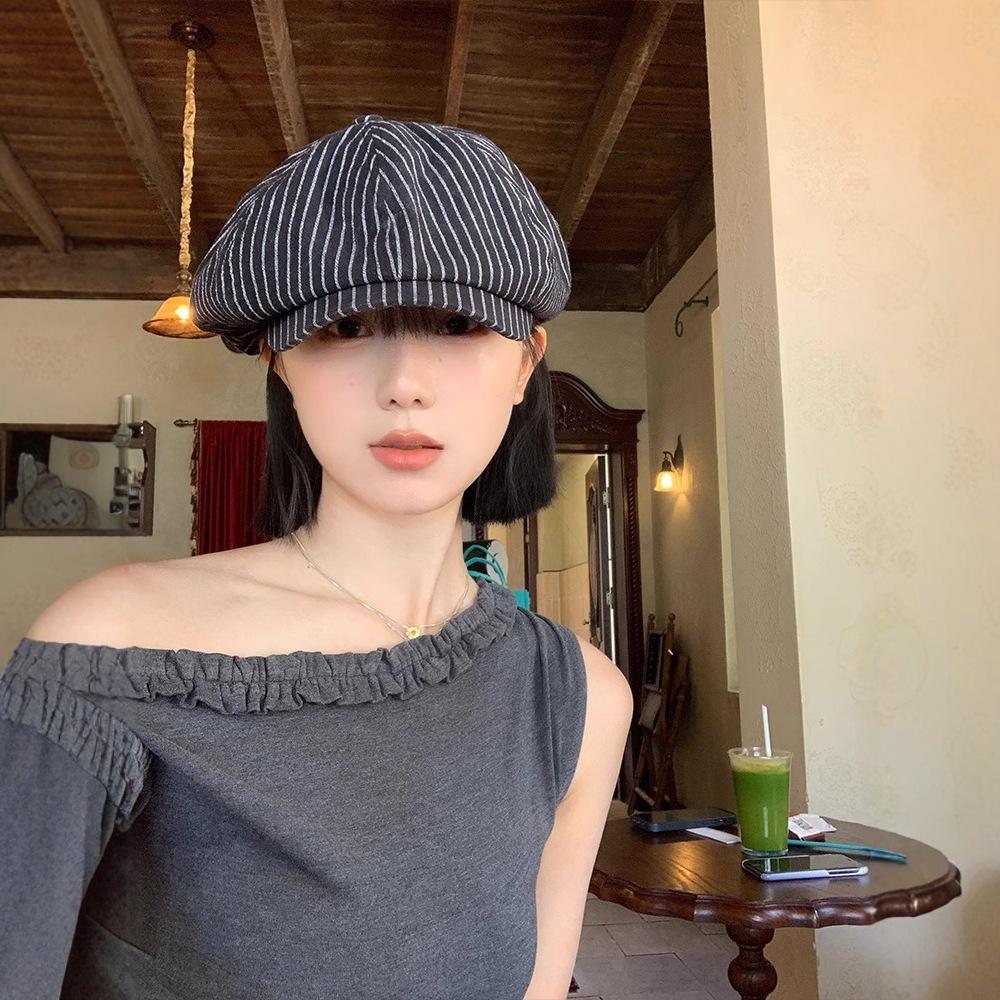Japanese styleretrostripesartsy beret women's small face breathable sunshade sunscreen big head circumference octagonal hat trendy