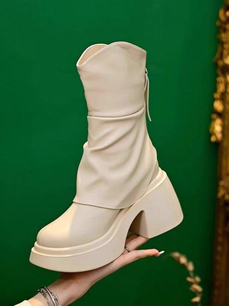 Small Thick-soled Heightening Short Tube Thin Boots Women's New Waterproof Table Thick-heeled Splicing Martin Boots In Autumn and Winter 2025