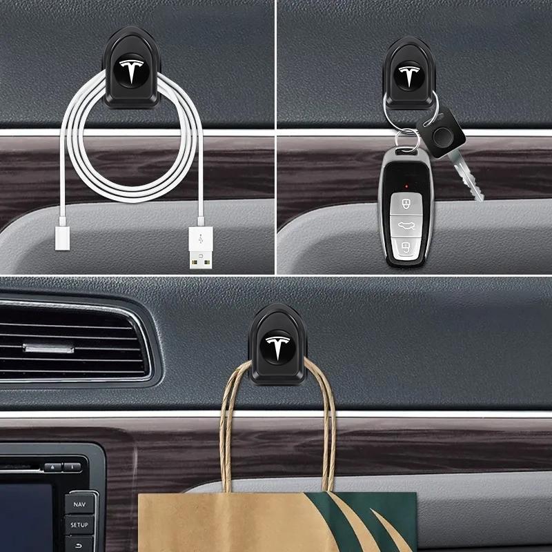 AMD1 2Pcs Mini Car Hooks Storage Clip Holder Auto Sticker For Tesla Model Y 2025 Model 3 Model S Model X Cybertruck Roadster SpaceX