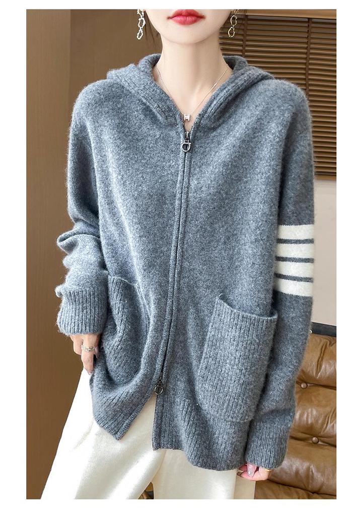 Women's Striped Color Block Hooded Cashmere Cardigan - Autumn/Winter Loose Casual 100% Pure Wool Jacket