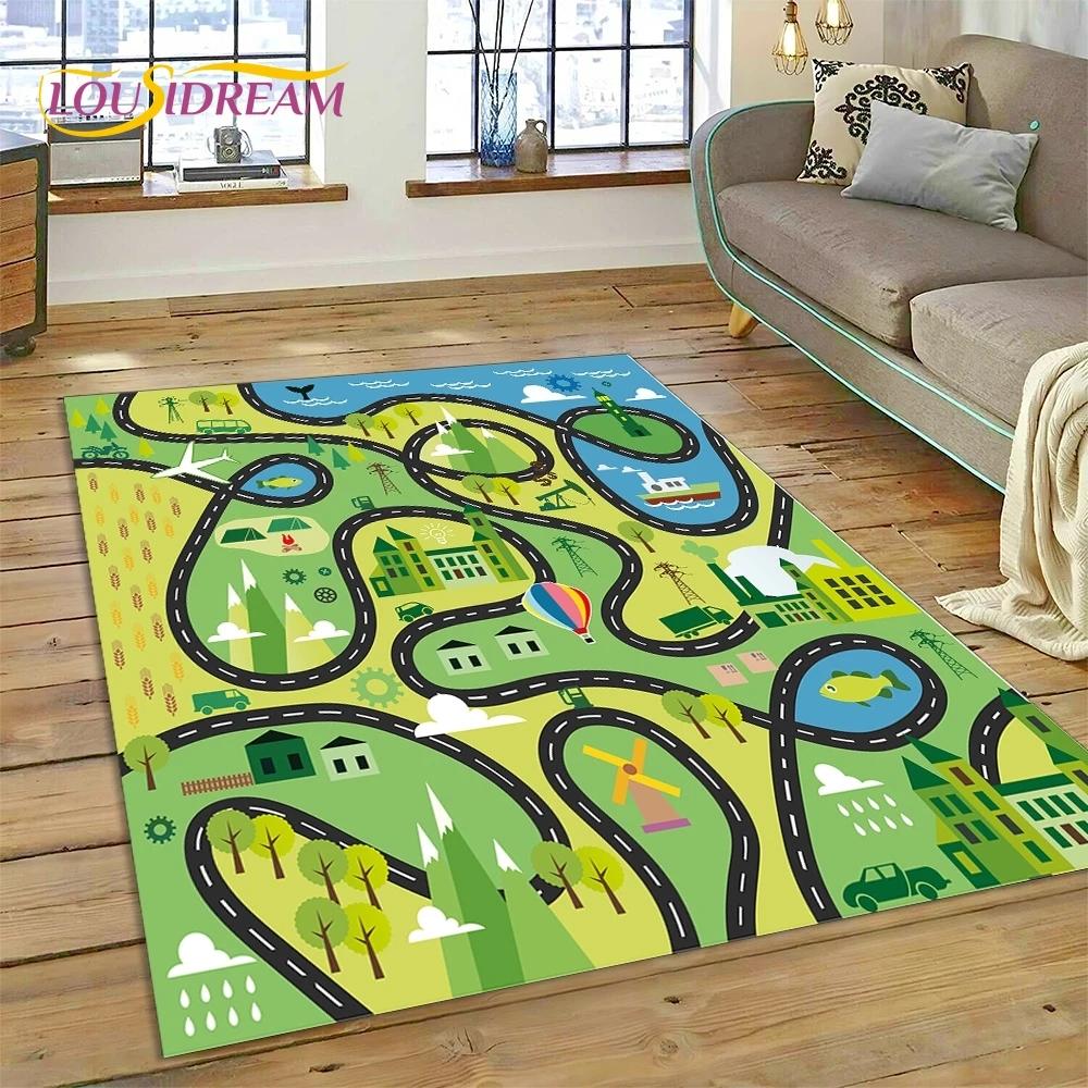 3D Highway Runway Playroom City Traffic Road Map Child PlayMat Rug Carpet for Living Room Bedroom Home Decor,Non-slip for Sofa