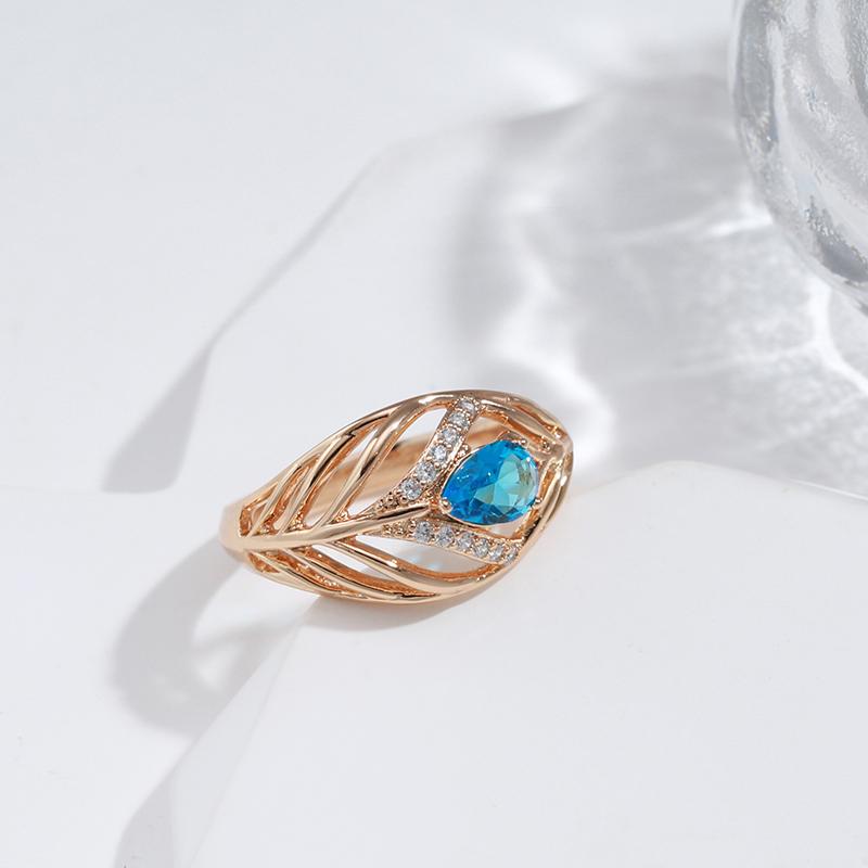 Gold Color Hollow Design Blue Zircon Geometric Rings for Women Vintage Fashion Jewelry