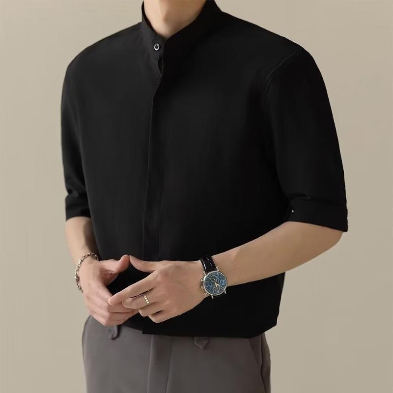 Men Mandarin Collar Half Sleeve Button Down Shirt Casual Loose Breathable Lightweight Business Casual Summer Top