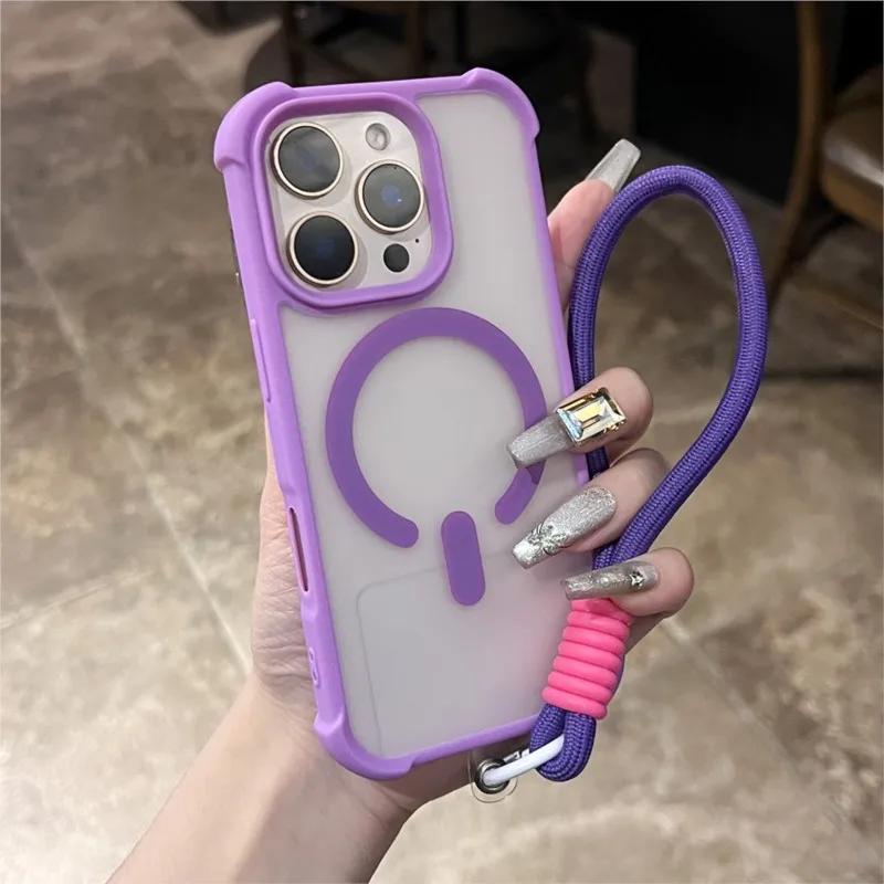 Matte Shockproof Armor For Magsafe Wireless Charge Case for iPhone 17 16 15 14 Plus 13 12 11 Pro Max Clear Wrist Strap Cover