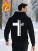 Men's Warm Fleece-Lined Hooded Jacket With Large Cross Inspirational Print-Casual Winter Outdoor Zip-Up Cardigan Winter Jacket