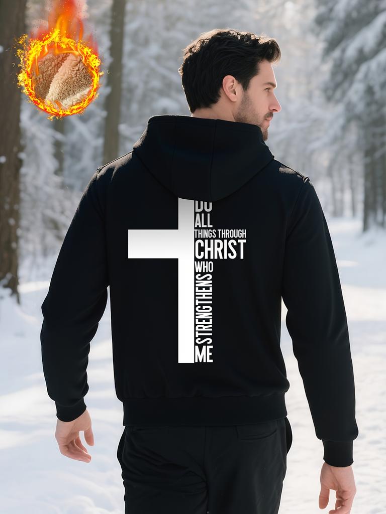 Men's Warm Fleece-Lined Hooded Jacket With Large Cross Inspirational Print-Casual Winter Outdoor Zip-Up Cardigan Winter Jacket