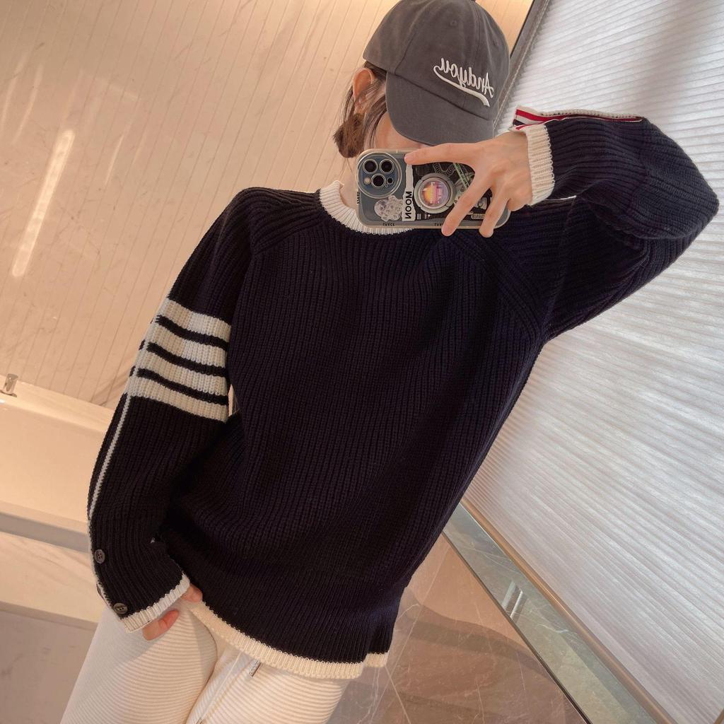 Women's Four-Bar Knit Sweatshirt: Casual Round Neck Pullover for Couples, Trendy Autumn Outerwear