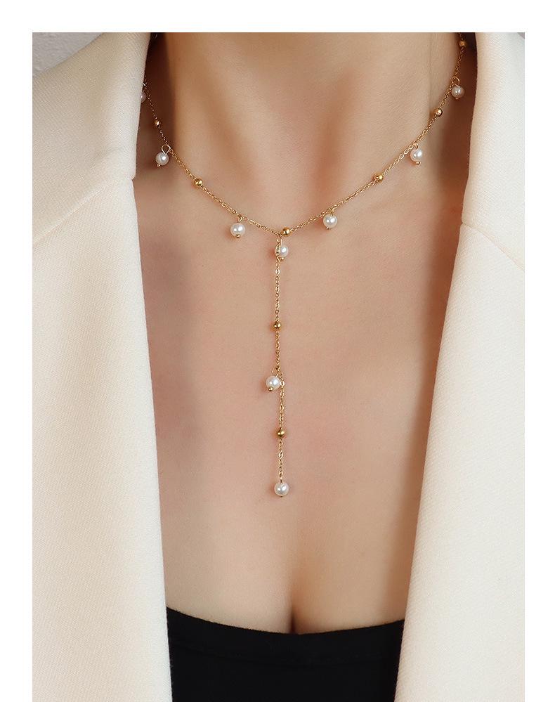 French-Inspired Imitation Pearl Tassel Necklace - Titanium Steel 18K Gold Choker, INS Style Jewelry