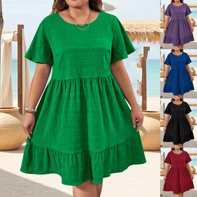 Summer Dress for Women Plus Size Elegant Round Neck Weave Patchwork Loose Short Sleeve