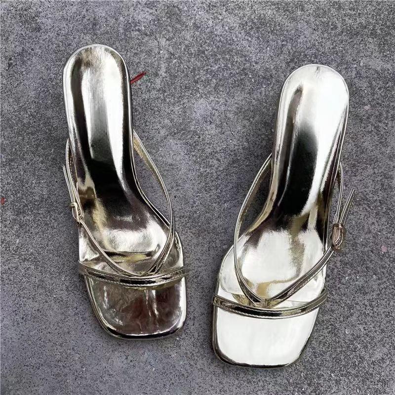 Women Slippers Square Toe Flip Flops Loafers Casual Shoes Woman Heeled Sandals Summer 2025 Trend Luxury Dress Clip Toe Slides