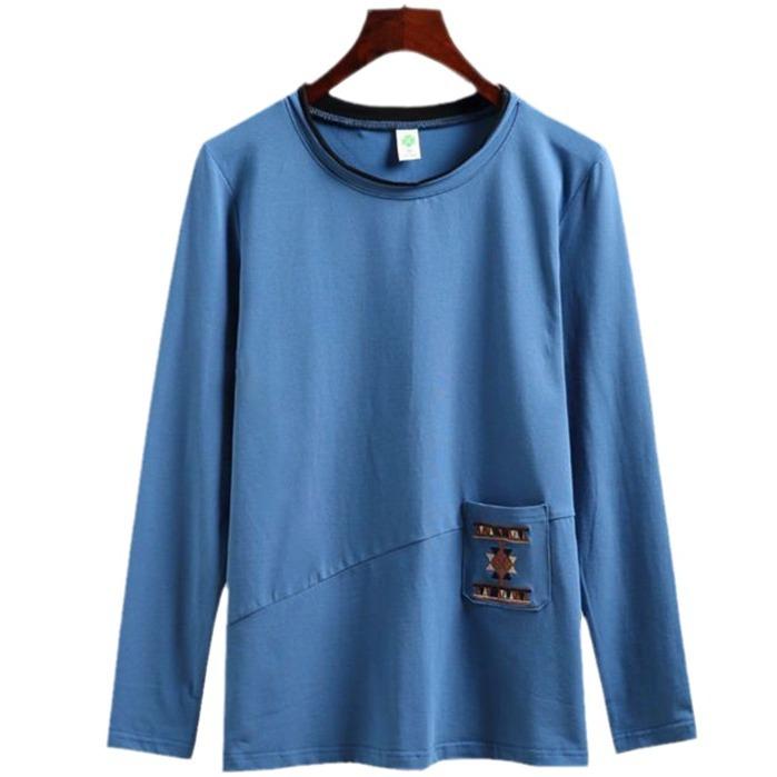Korean Version Loose Top Women's Tide Spring and Autumn Splicing Long Sleeve Versatile Large Size Meat Covering Embroidery Pocket Round