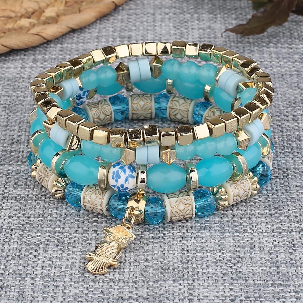 Bohemian Multi-Layer Beaded Bracelet with Owl Pendant
