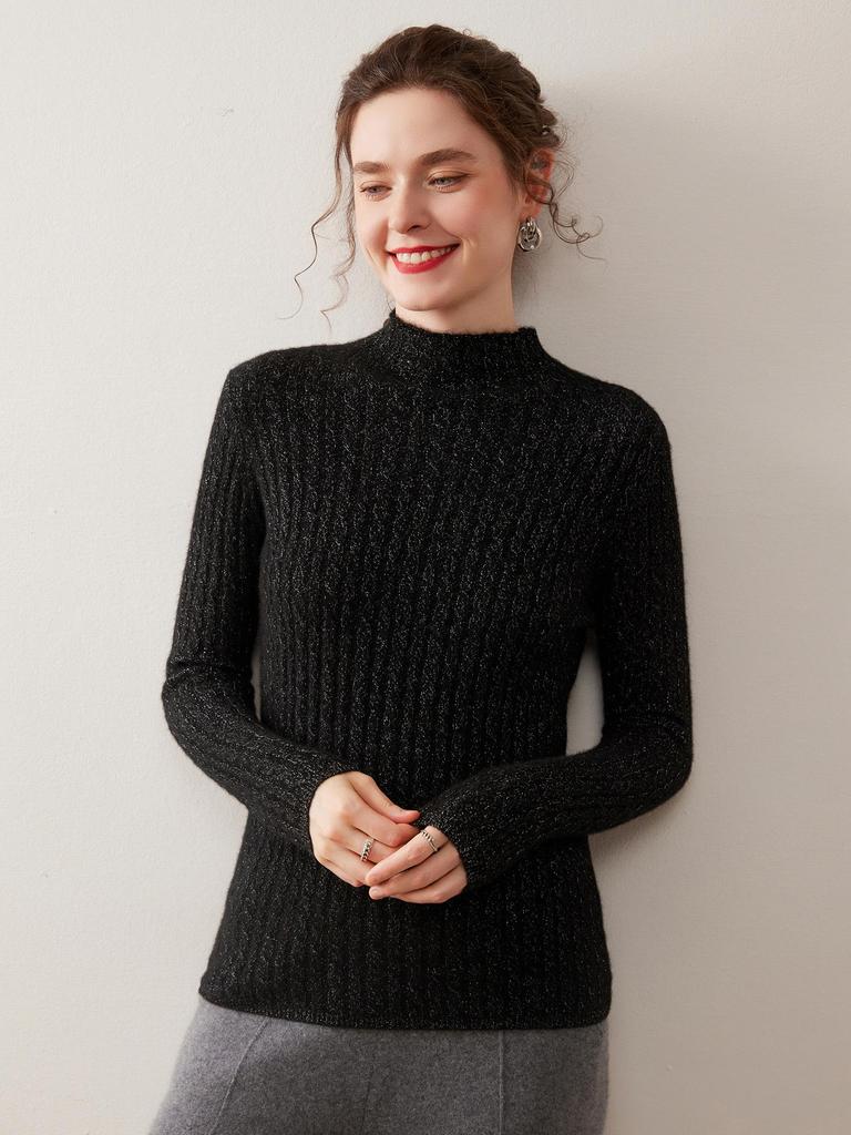 High-Neck Slim Fit Cashmere Knit Top: Elegant Solid Color Base Layer