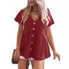 Summer Women's Short Sleeved V-neck Cotton Leprosy Lined Dress Pleated Solid Color Beach Cover Shirt