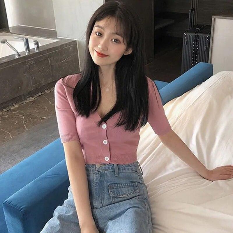 

Жіночі укорочені топи Кардиган Модна трикотажна футболка з короткими рукавами Короткі футболки з V-подібним вирізом на ґудзиках One Size