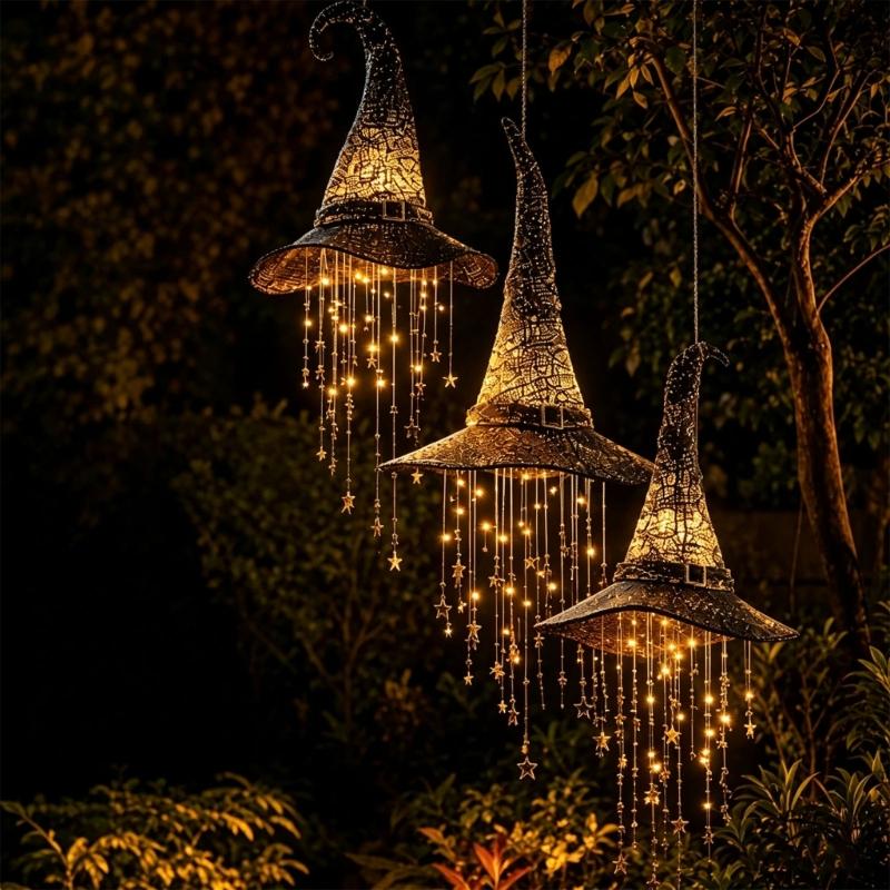 Hat Halloween Hanging Piece with Warm LED Light and Hanging Star for Porch Window Entryway Seasonal Accent Display Piece