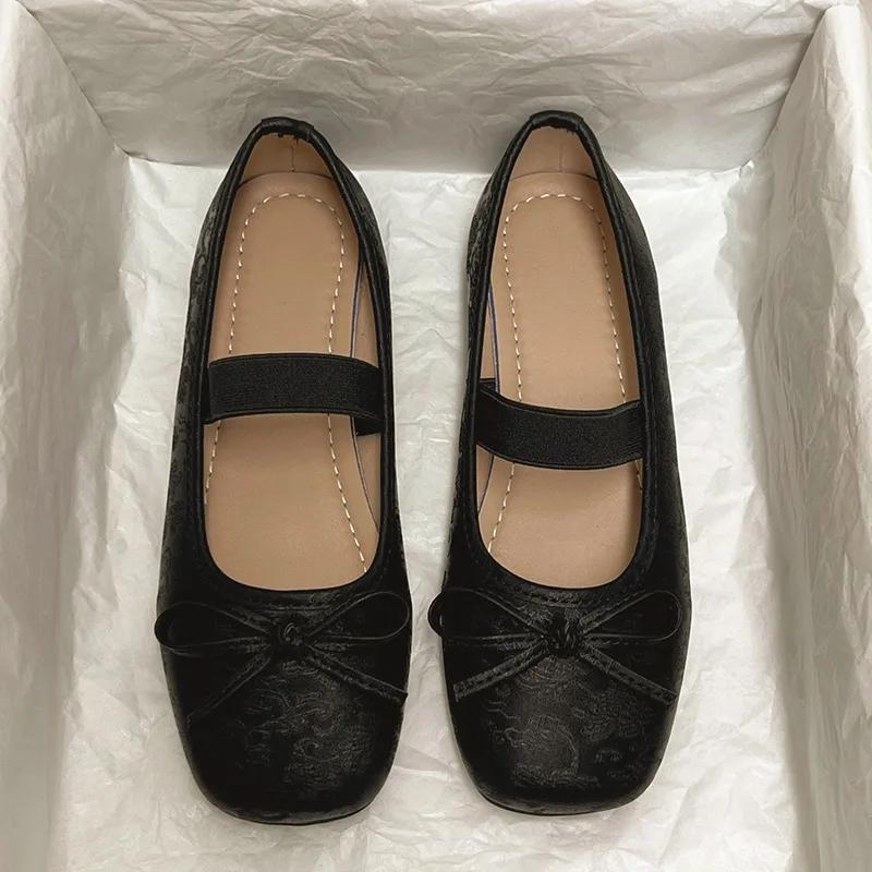 Fashion Bowtie Ballet Flats for Women 2025 New Retro French Square Toe Soft Sole Comfortable Low Heel Mary Jane Shoes Zapatillas Mujer