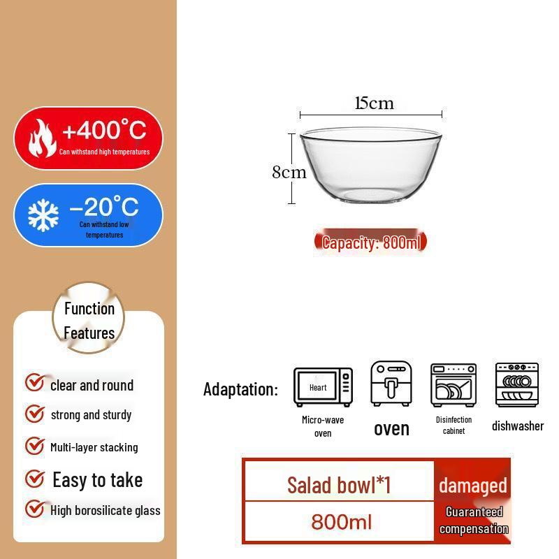 Heat-Resistant Borosilicate Glass Bowl for Microwave, Egg Beating, Baking, Dough Mixing, and Soup.