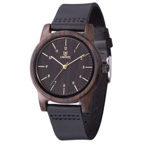MUJUZE Men's and Women's Wooden Watch with Handcrafted Leather Band, Casual, Business, and Sports Style, Japanese Quartz Movement, Lightweight (Ebony)