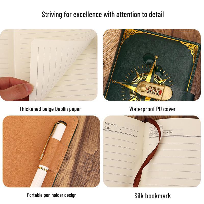A5 Vintage Lockable Password Notebook - Thick Student Writing Diary
