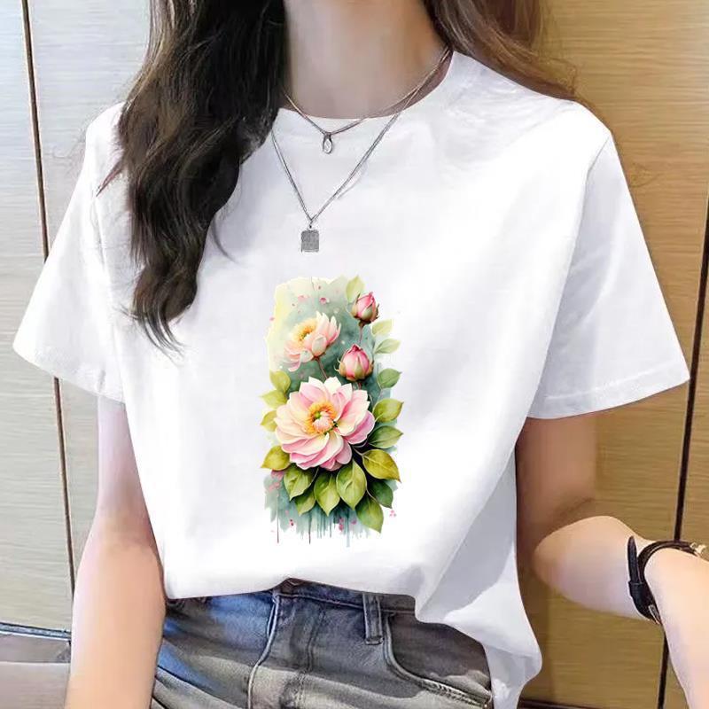 

Korean Style Women s Floral Printed Short Sleeve T-Shirt, Round Neck, Casual Fashion for Youth M