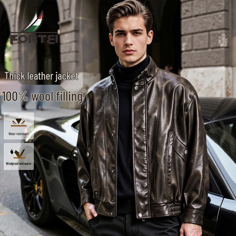 Futeng Men s Winter Warm PU Leather Jacket with Sheep Wool Filling 2XL