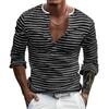 Herren gestreiftes Henley-Shirt Langarm Freizeit Knopfleiste V-Ausschnitt T-Shirt