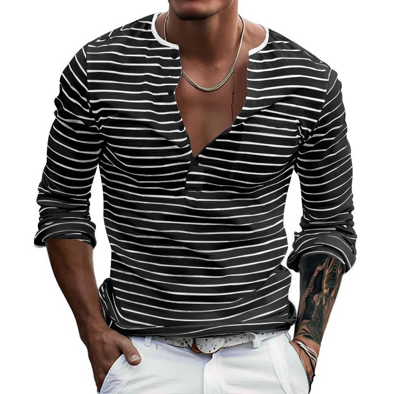 Herren gestreiftes Henley-Shirt Langarm Freizeit Knopfleiste V-Ausschnitt T-Shirt