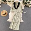 High-End Two-Piece Suit Women's Summer Style Contrast Color Suit Jacket High Waist Mid-Length Slit Skirt