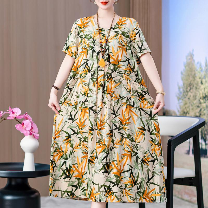 Übergröße, langes Sommerkleid mit Vintage-Druck für Damen, elegantes, kurzärmeliges, lockeres Sommerkleid in Übergröße