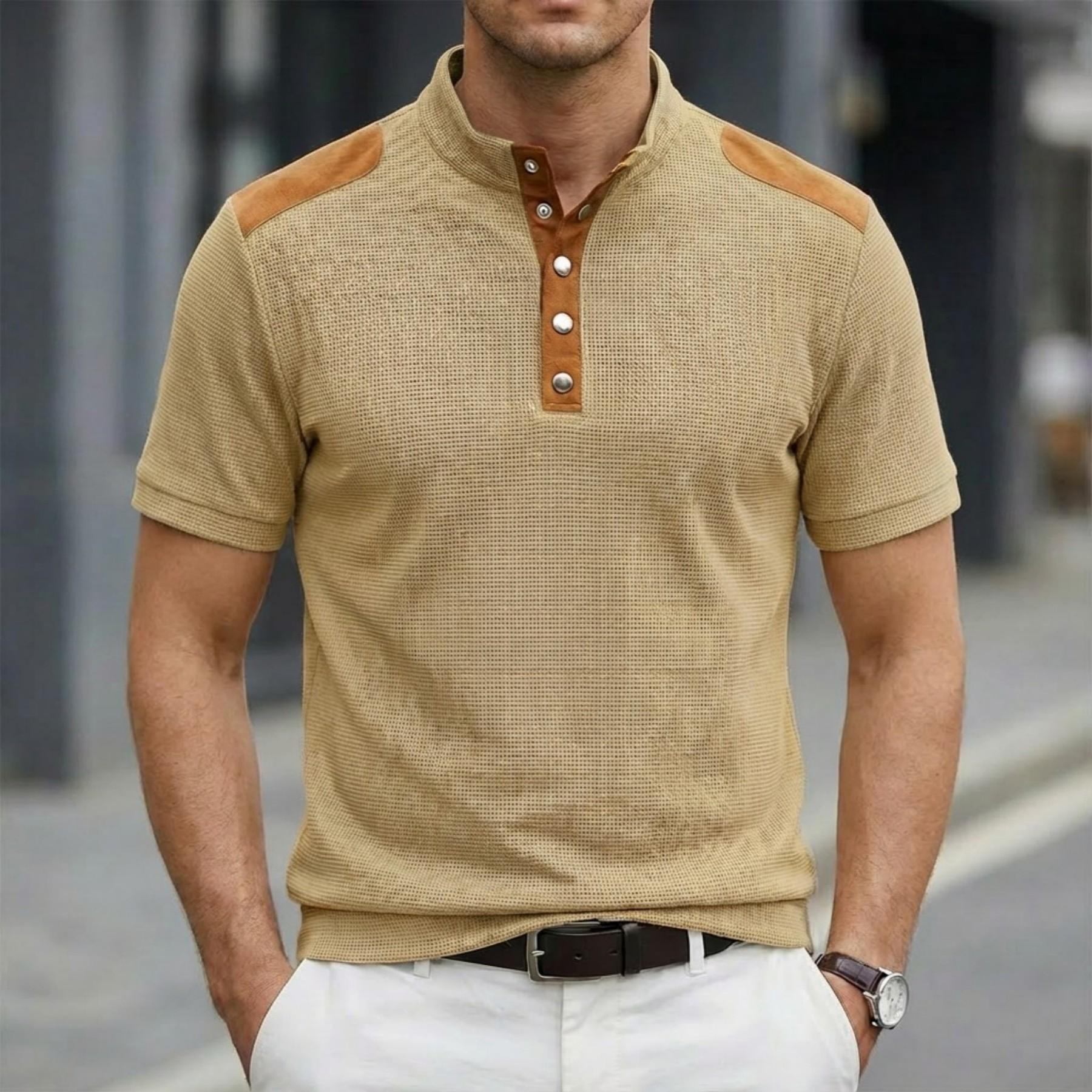 

Men’s colour-blocked brown suede stand-collar short-sleeved top with half-button fastening XXXL хакі