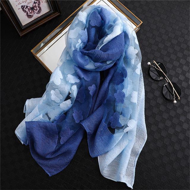 Double-Color Matching Women Scarf 70*190 Cm Female Fashion Cut Flower Hollow Petal Imitation Silk Wool Scarf Versatile Scarf