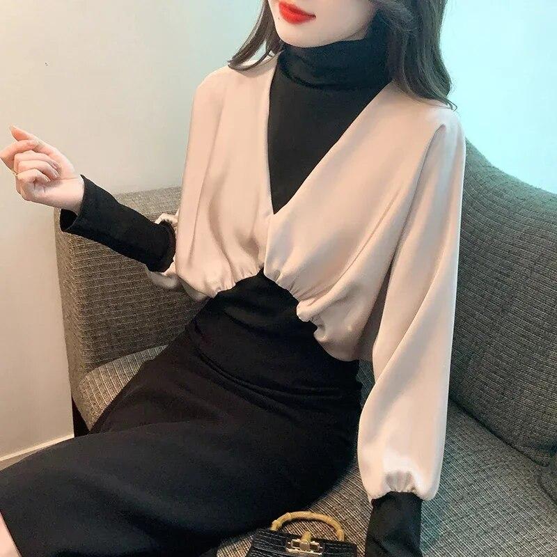 

Модная водолазка, блузка, женские пышные женские рубашки с длинными рукавами, элегантная женская одежда, лоскутные топы 29632 One Size чёрный