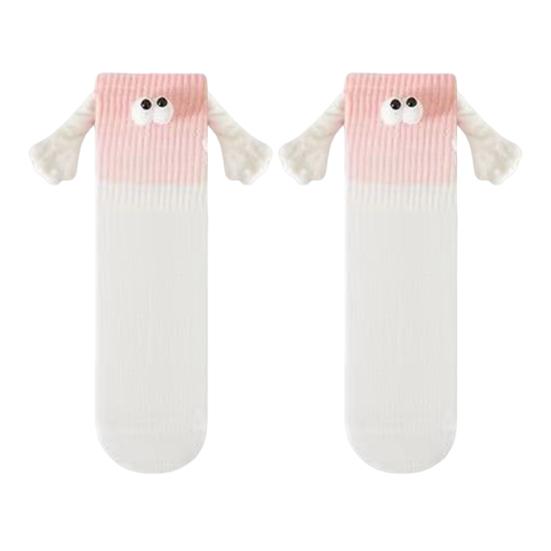 1 Pair Christmas Couple Socks Magnetic Hands Cartoon Deer Snowman Design Long Socks Soft Breathable Xmas Socks
