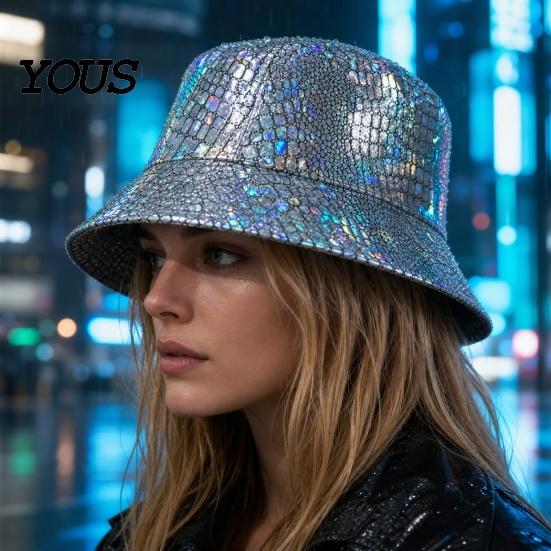 Bucket Hat Shiny Fabric Hat, Rainproof Reflective Party Colorful Fish Scale Pattern Sun Protection Fisherman for Festivals And Travel Quick-dry