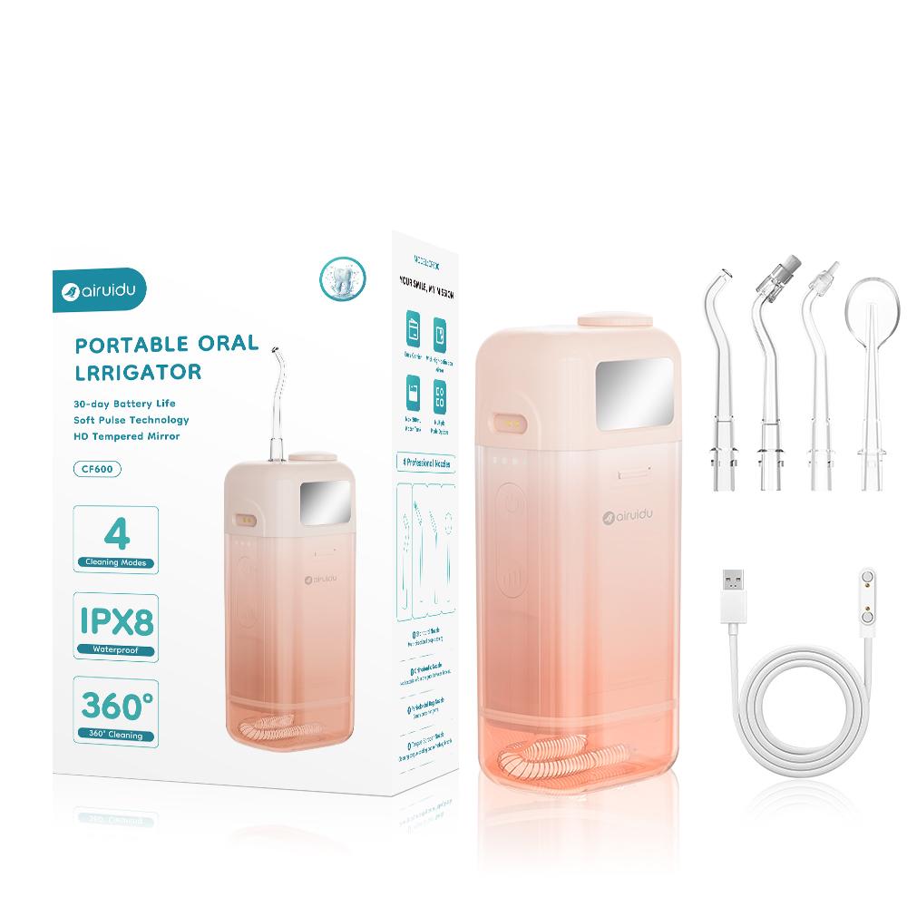 

Портативный Складной Ирригатор для Полости Рта Water Flosser с 4 Насадками 3 Режимами Перезаряжаемый Водонепроницаемый IPX8 Ирригатор для Дома и Путешествий розовый
