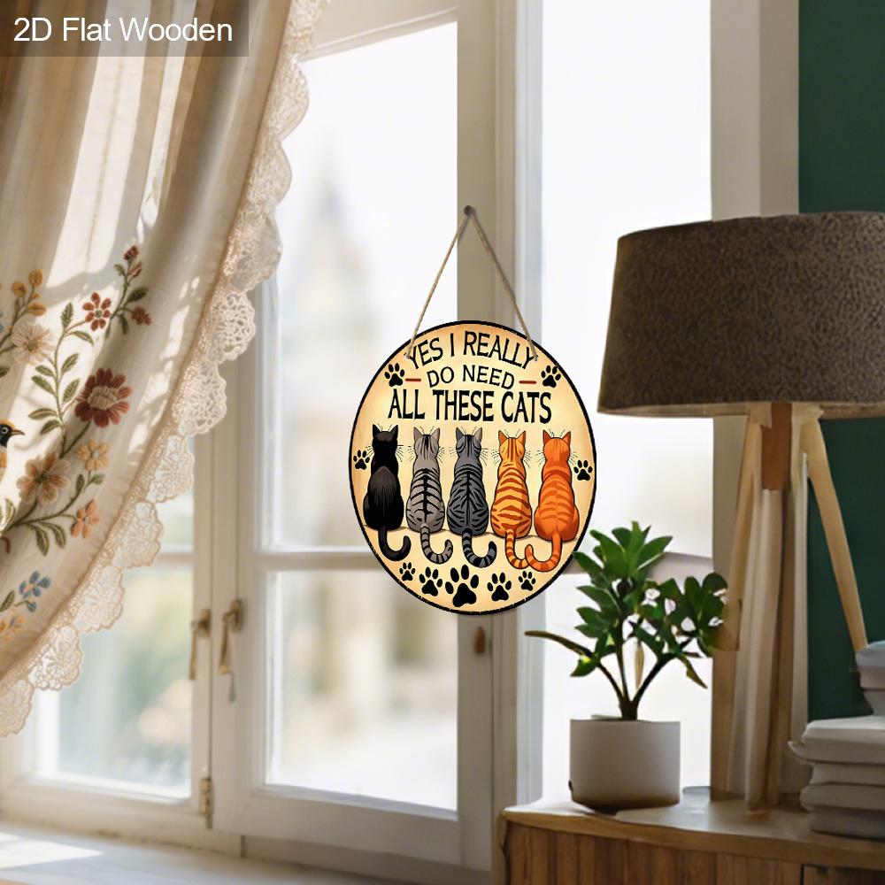 2D Flat Rustic Wooden Sign with Cat Theme, Charming Pet Decorative Plaque with Adorable Cat Pattern Design, Ideal for Front Door Decor