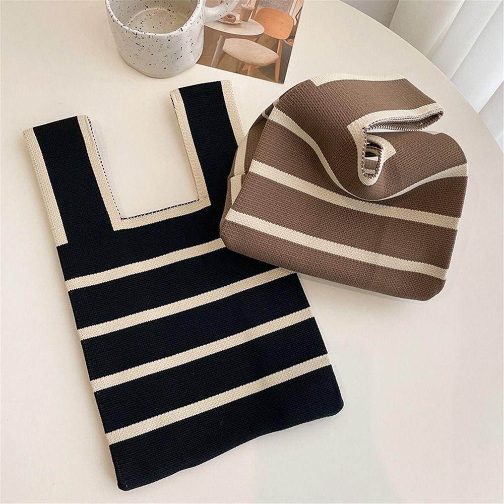 Handmade Knit Handbag Women Mini Knot Wrist Bag Japanese Casual Color Wide Stripe Plaid Tote Bag Student Reusable Shopping Bags