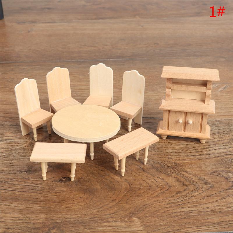 1/12 1set Miniature Dollhouse Furniture Wooden Dining Table Chair Set Simulation Toy