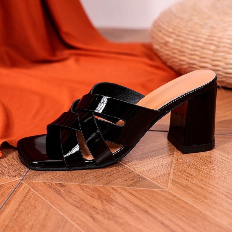 Fashion Women's Slippers Summer High Heels PU Leather Women's Thick Heel Sandals Casual Solid Color Large Size Open Toe Zapatillas