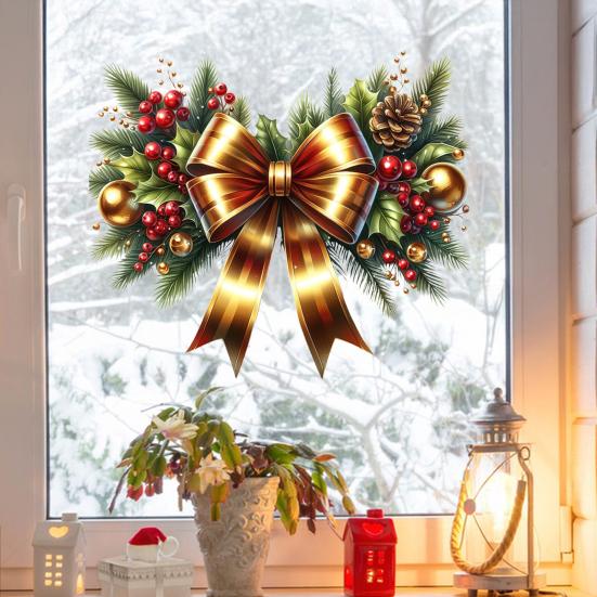 Christmas Stickers Holiday Bow Wreath Decals Removable PVC Stickers for Window Glass Door Holiday Home Decor
