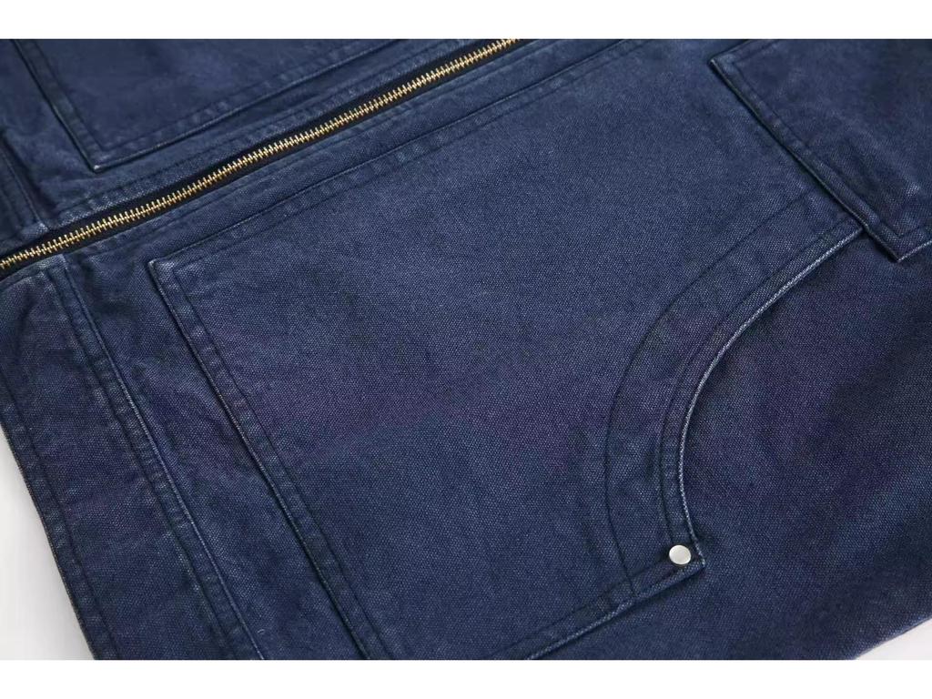 Men's Retro Blue Detroit Workwear Jacket - Heavyweight Spring/Autumn Color Block Lapel Outerwear